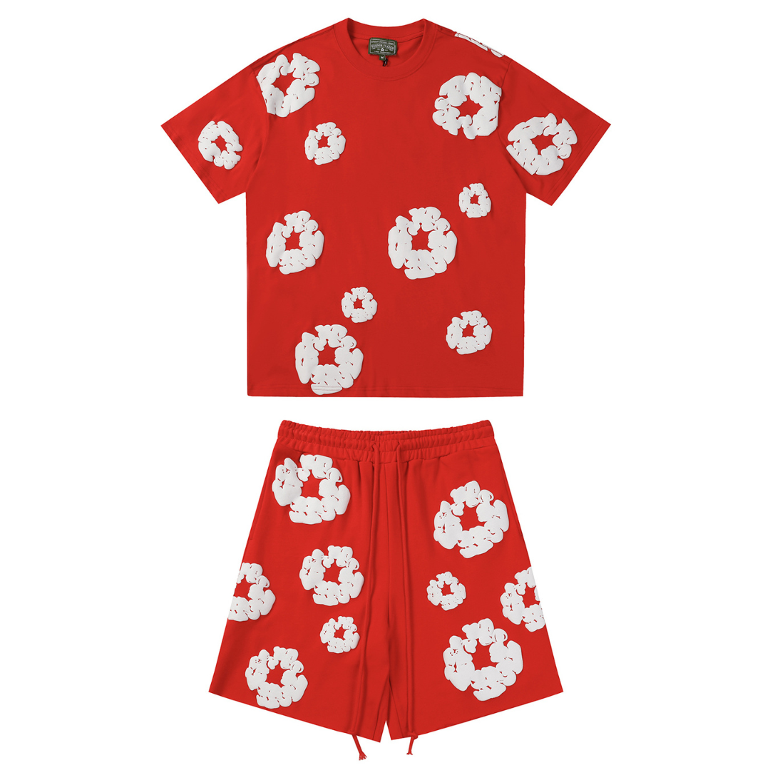 Denim Trs Red Shorts-Set
