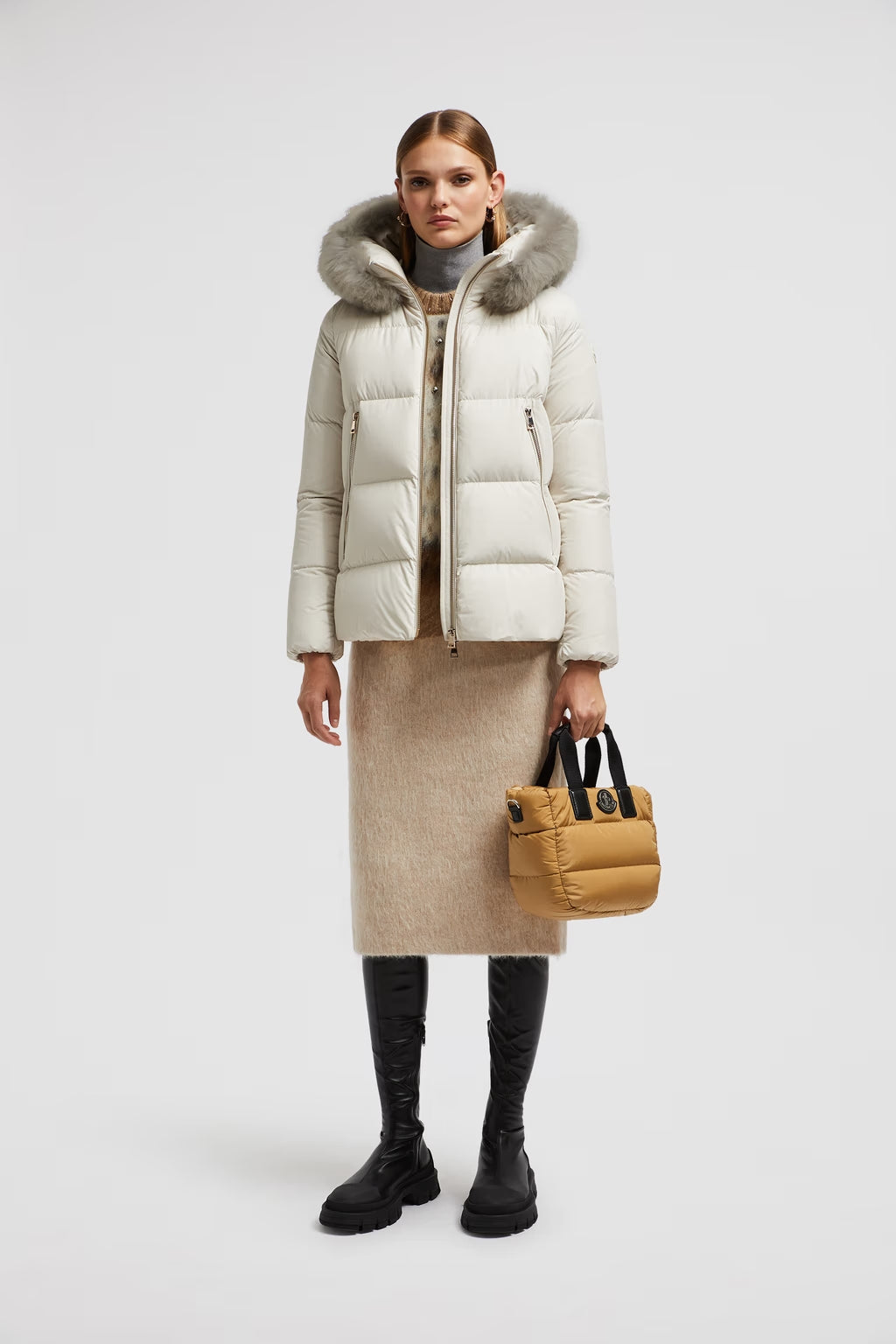 Moncler Laichefur Kurze Daunenjacke mit Kapuze Weiß 