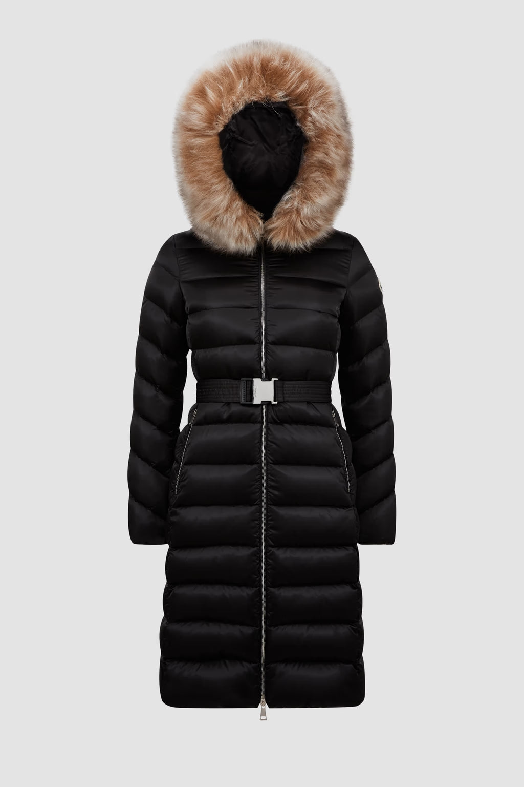 Lange Sherling-Daunenjacke mit Kapuze von Leersie in Schwarz und Beige