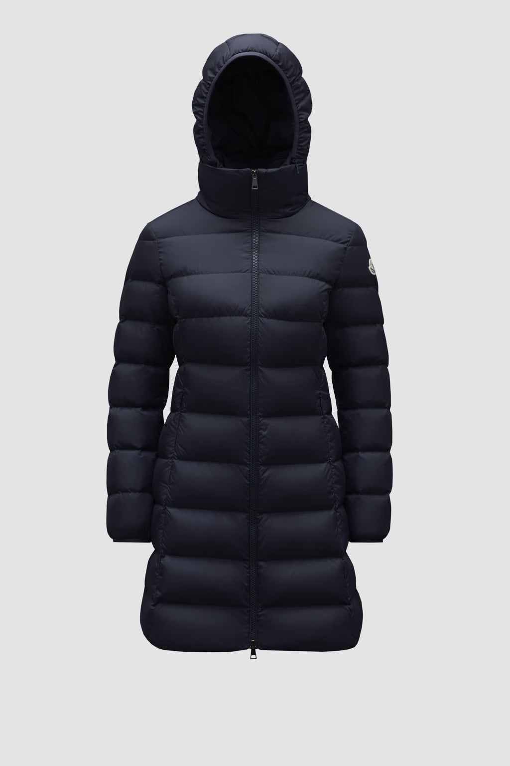 Gie Moncler Mitternachtsblaue lange Daunenjacke mit Kapuze
