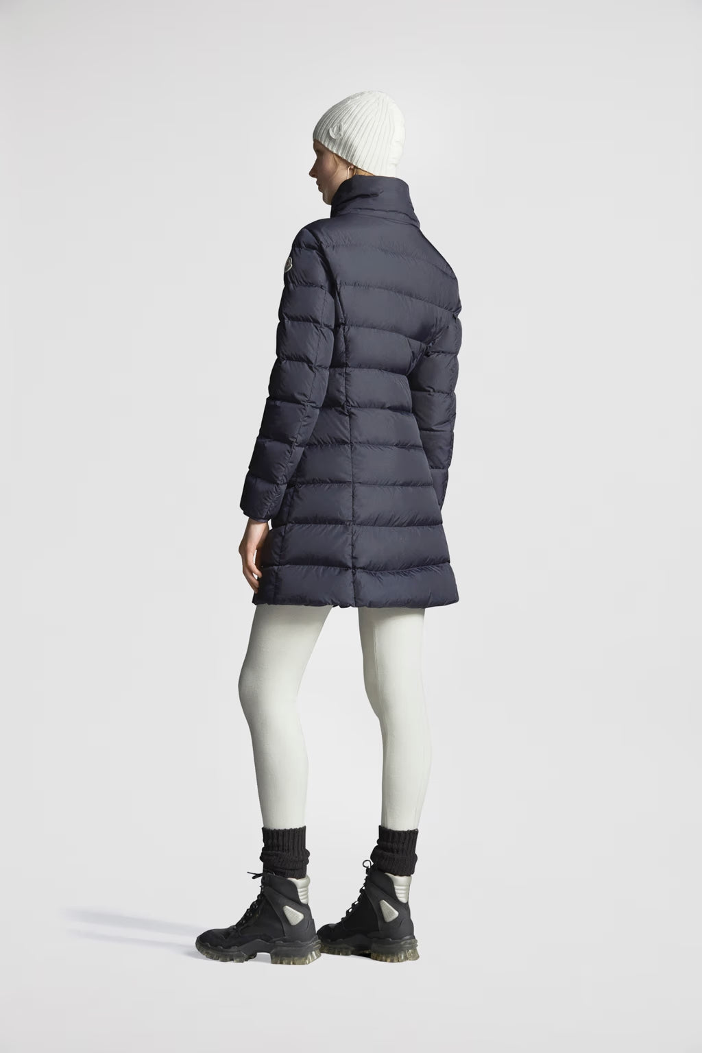 Gie Moncler Mitternachtsblaue lange Daunenjacke mit Kapuze
