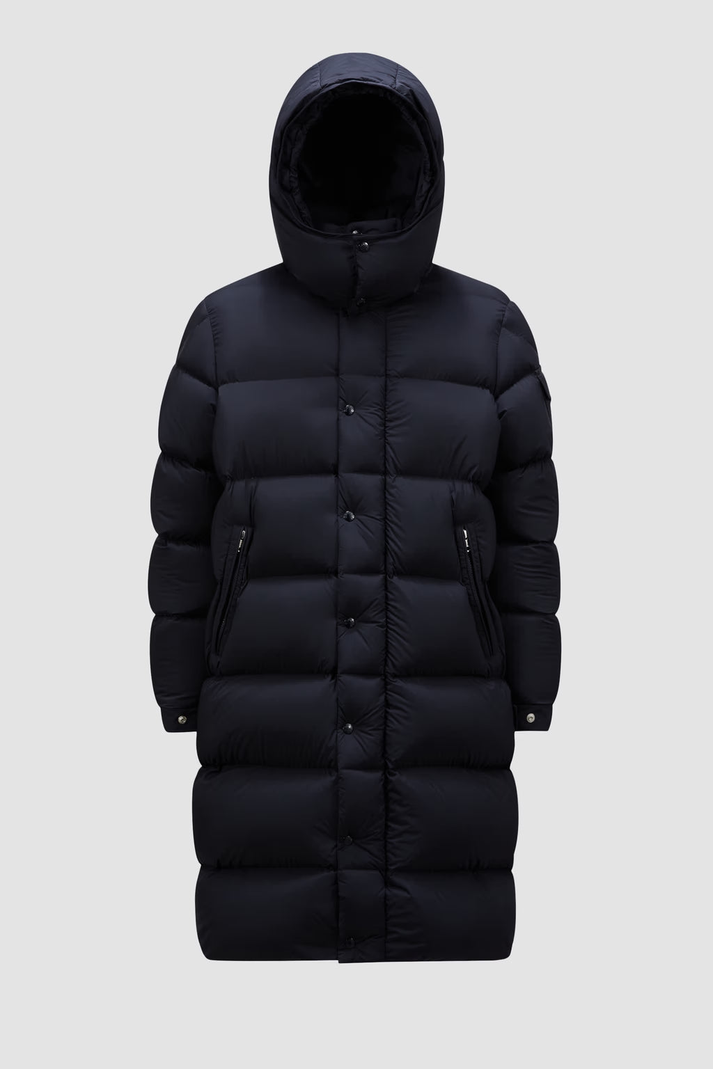 Moncler Hanoverian Mitternachtsblaue lange Daunenjacke mit Kapuze