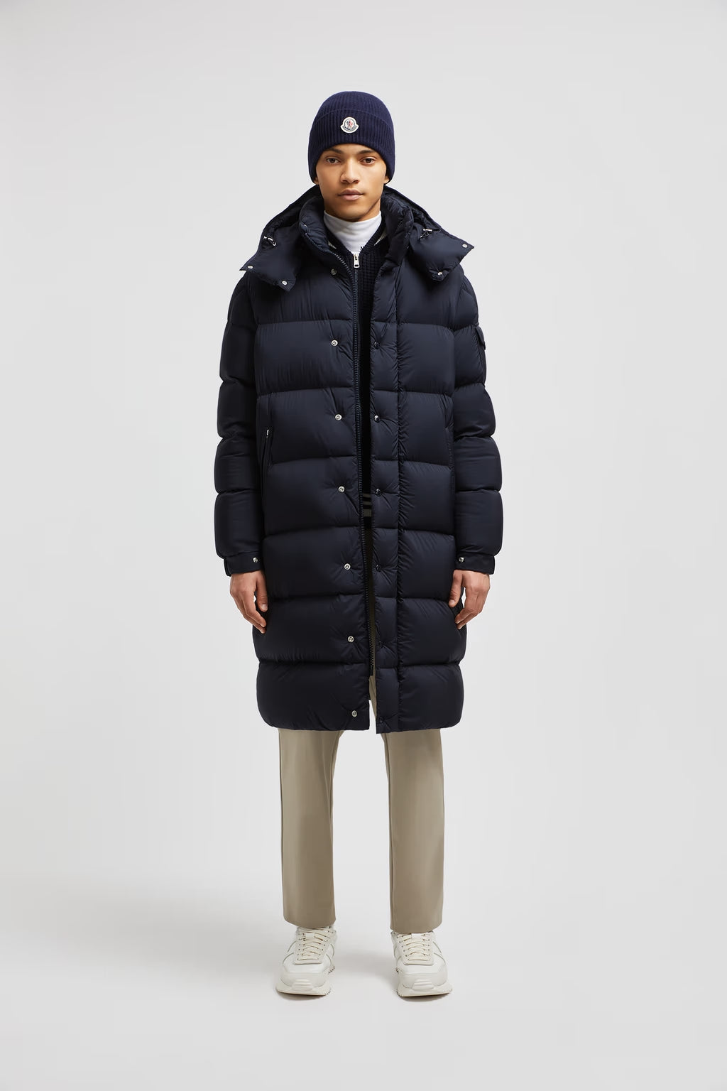 Moncler Hanoverian Mitternachtsblaue lange Daunenjacke mit Kapuze